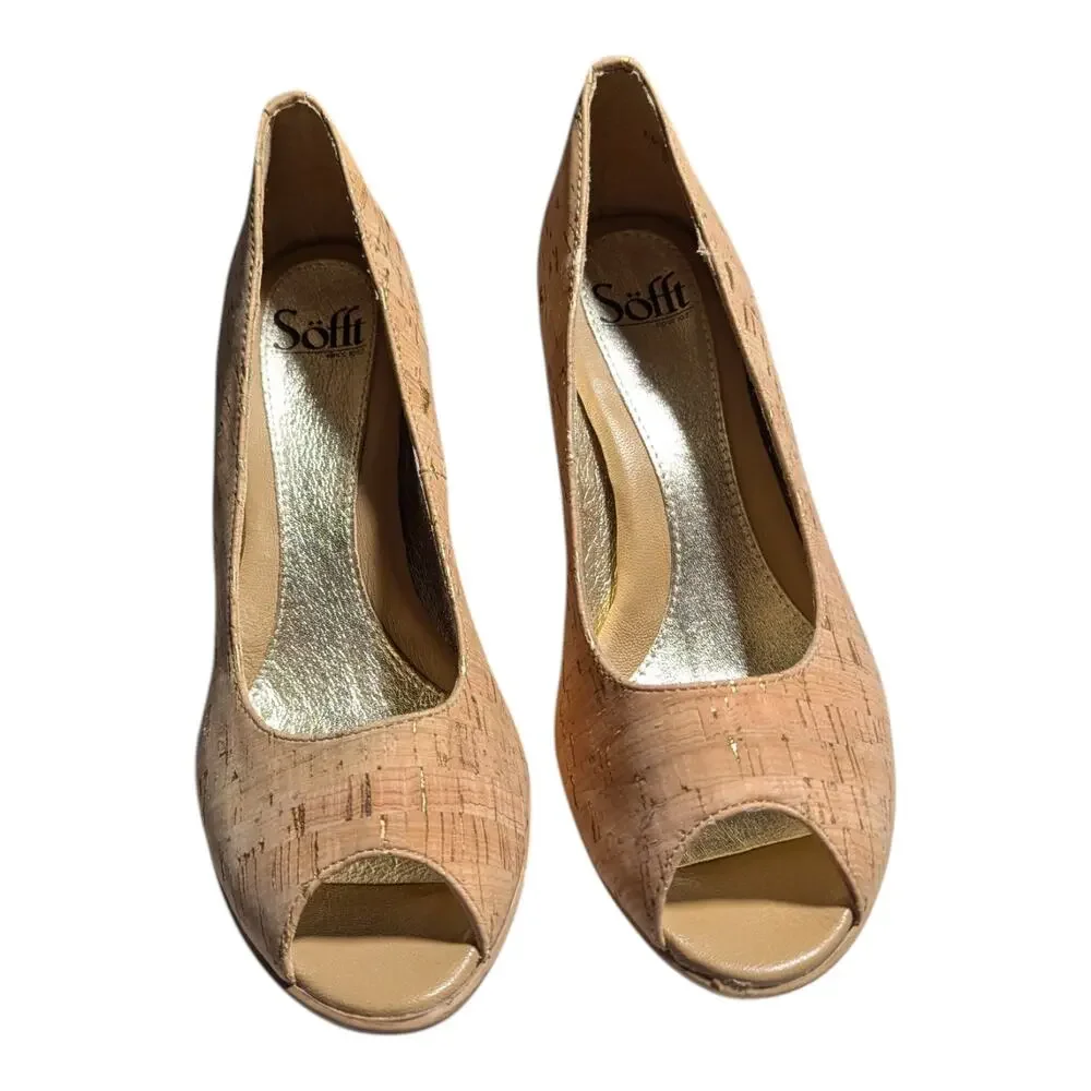 Sofft Ramona II Natural Cork Peep Toe Stacked Wooden Heel Comfort Pumps Sz 8.5